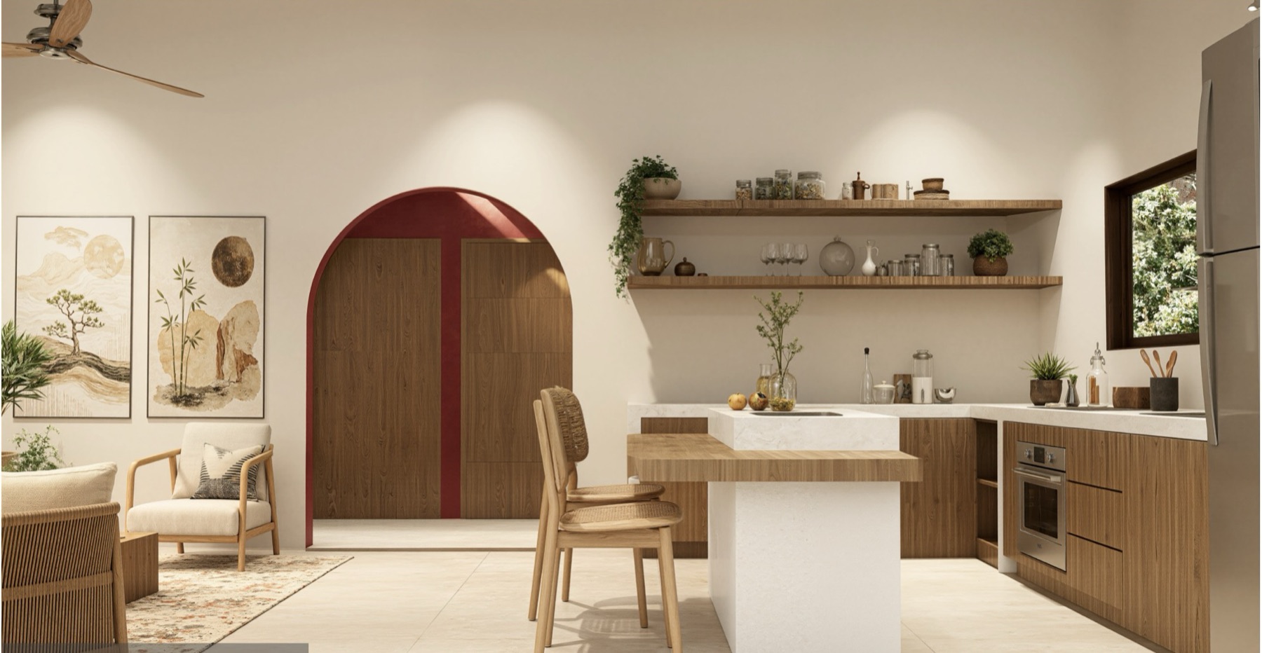 Casita Casa Colibri, Küche mit Holzfronten und Rundbogen