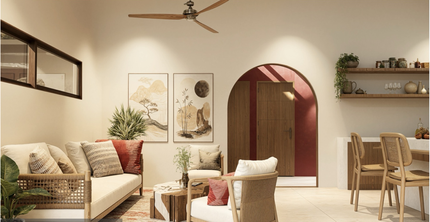 Casita Casa Colibri, Wohnbereich mit Sofa und Rundbogen