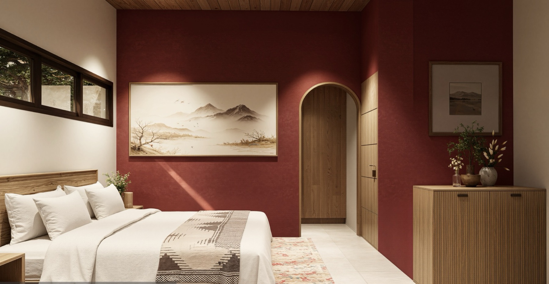 Haupthaus Bamboo 247, Schlafzimmer mit roter Wand