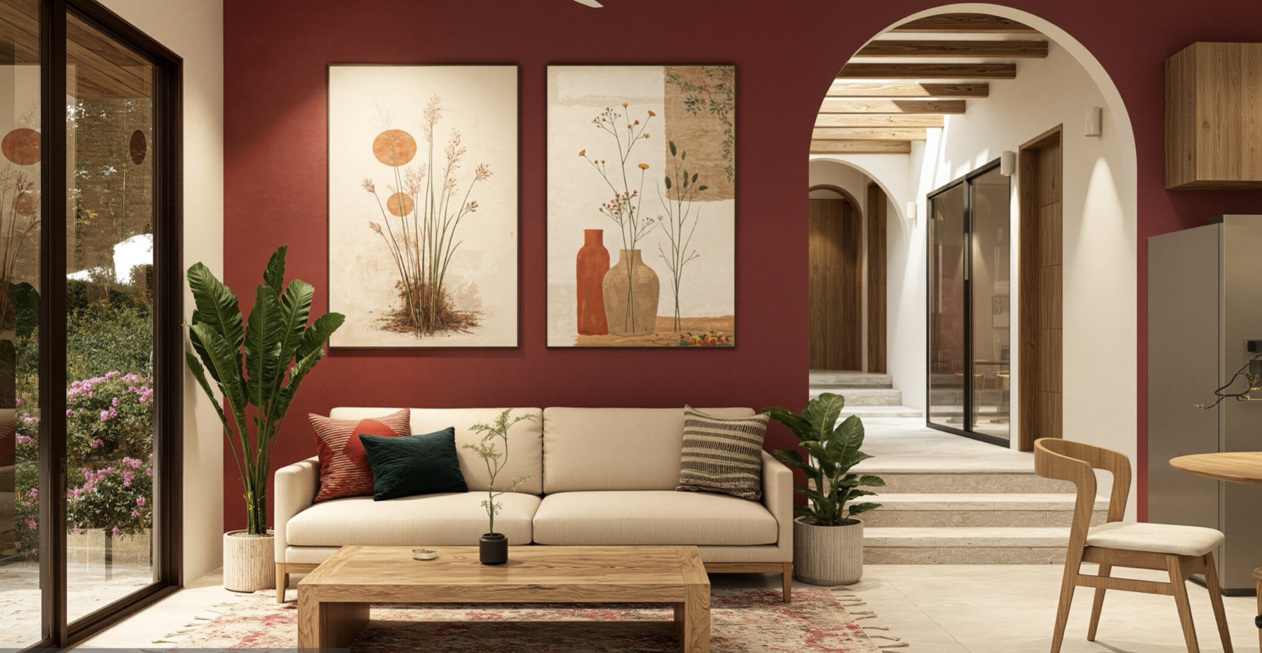 Haupthaus Bamboo 247, Wohnzimmer mit roter Wand und Rundbogen
